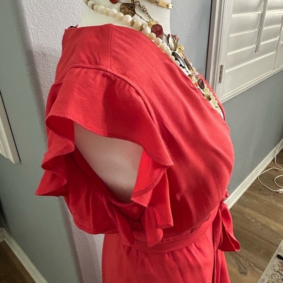 🧡”Express” Beautiful V-Neck High/Low Wrap Ruffled Coral Dress Size XXS - Picture 4 of 9